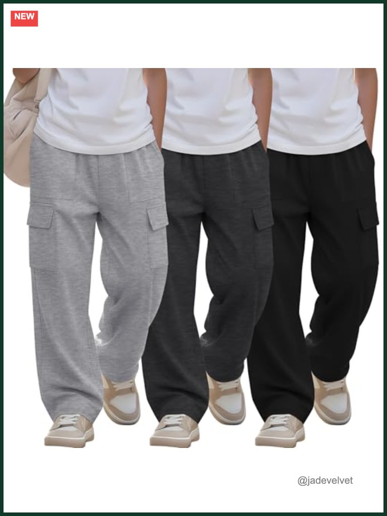 3 Pack Boys Cargo Sweatpants Pull-On Elastic Waist Open Bottom Teens School